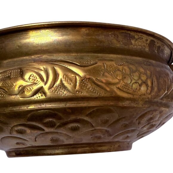 Hammered Metal Bowl with handles 8.75" Round Boho Rustic Decor Brass Tone - Picture 7 of 15